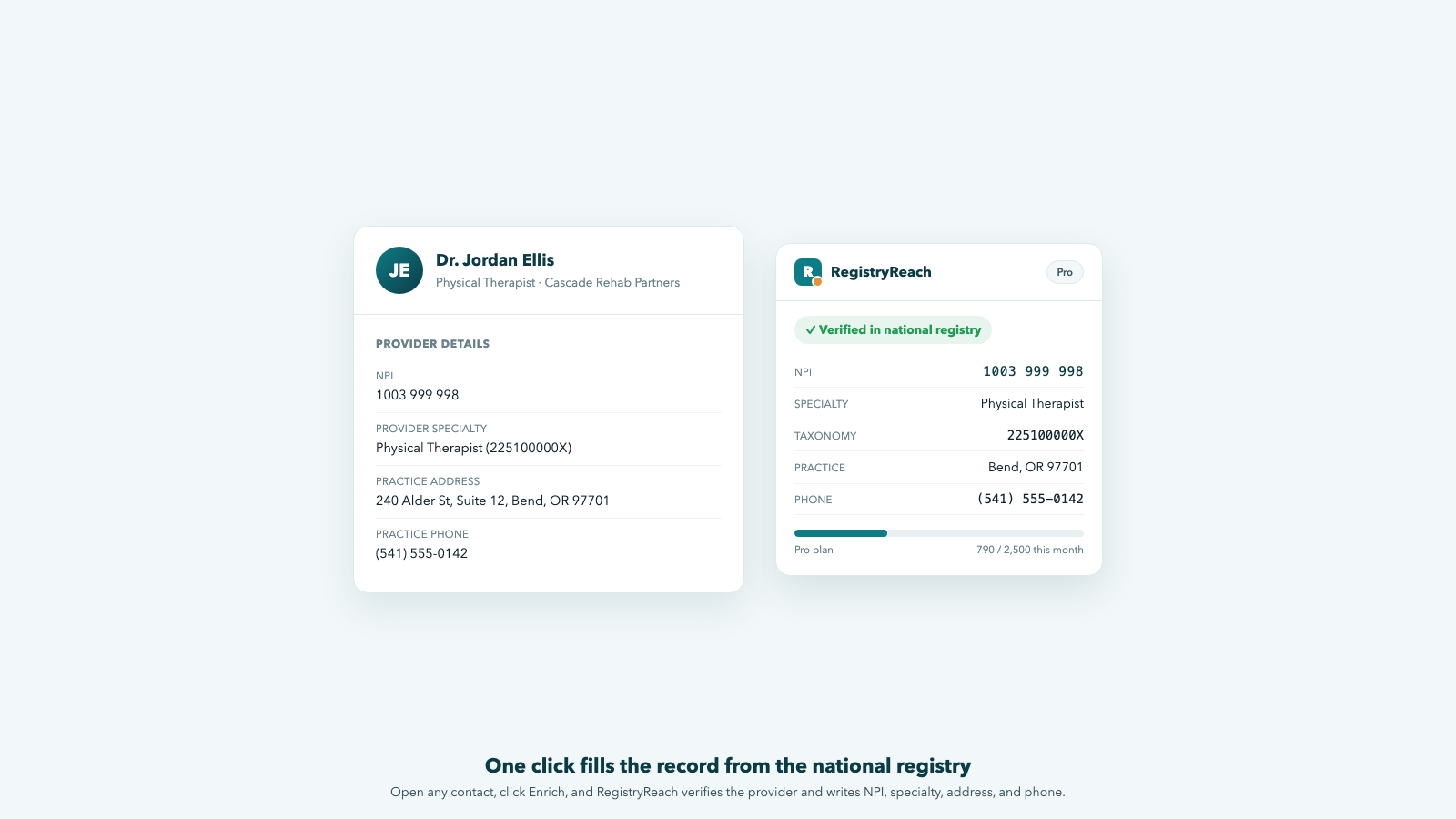 RegistryReach enriching a HubSpot contact with verified provider data