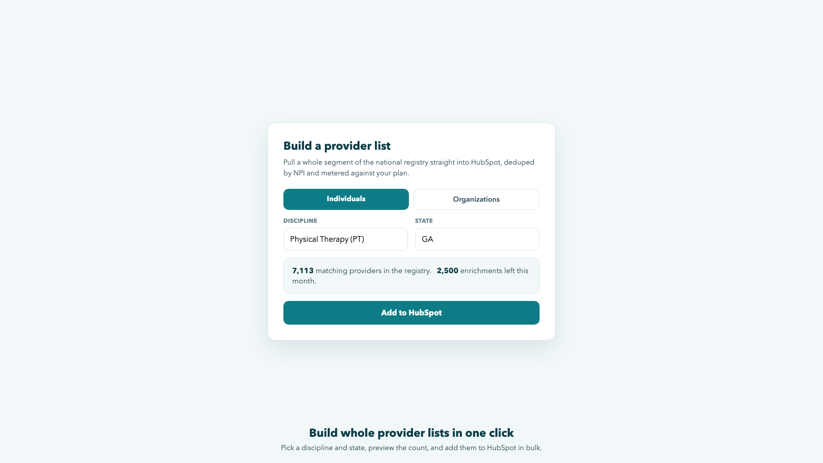 Building a provider list by discipline and state to add to HubSpot in bulk
