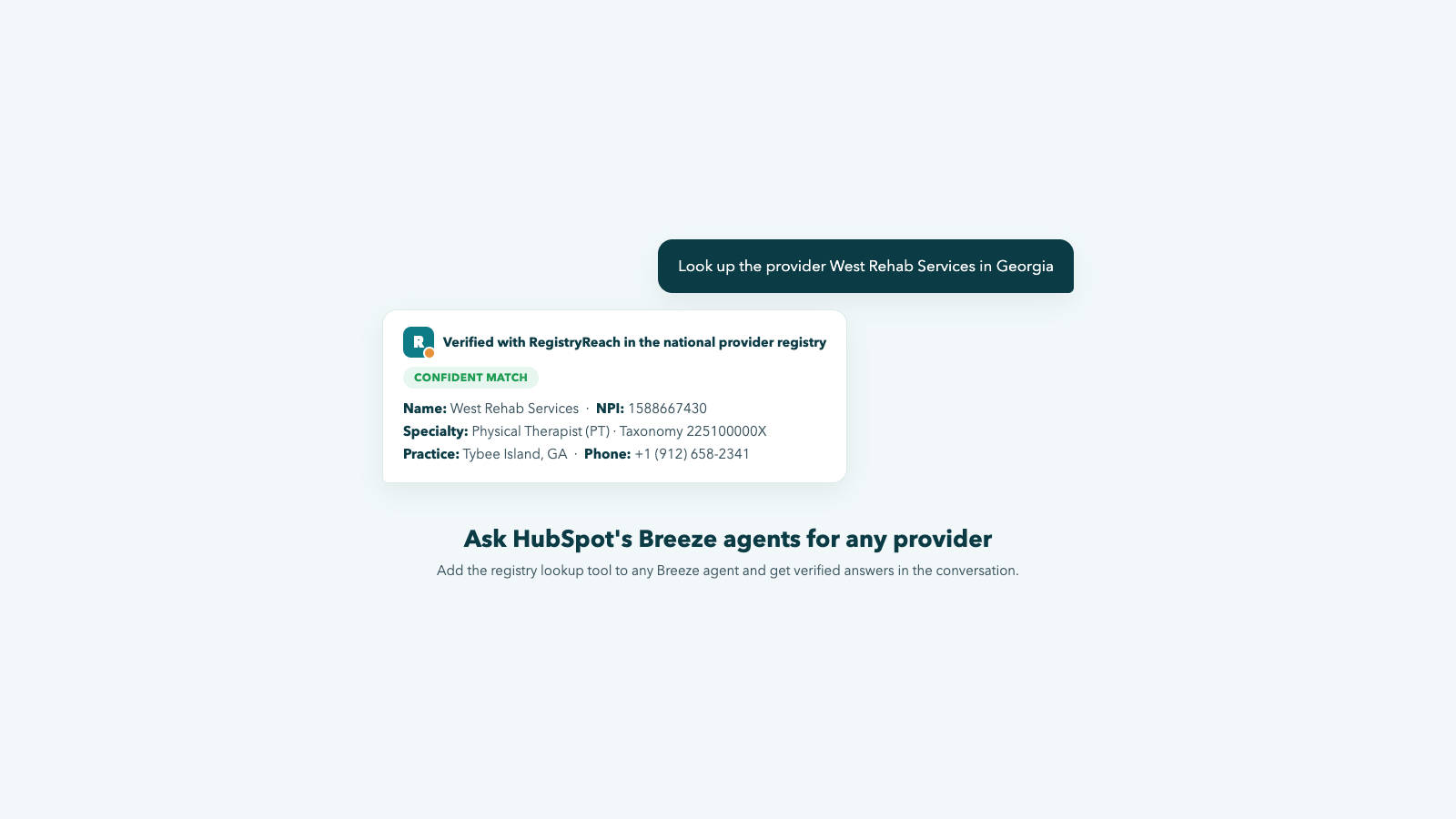 A Breeze agent answering a provider lookup with verified registry details from RegistryReach